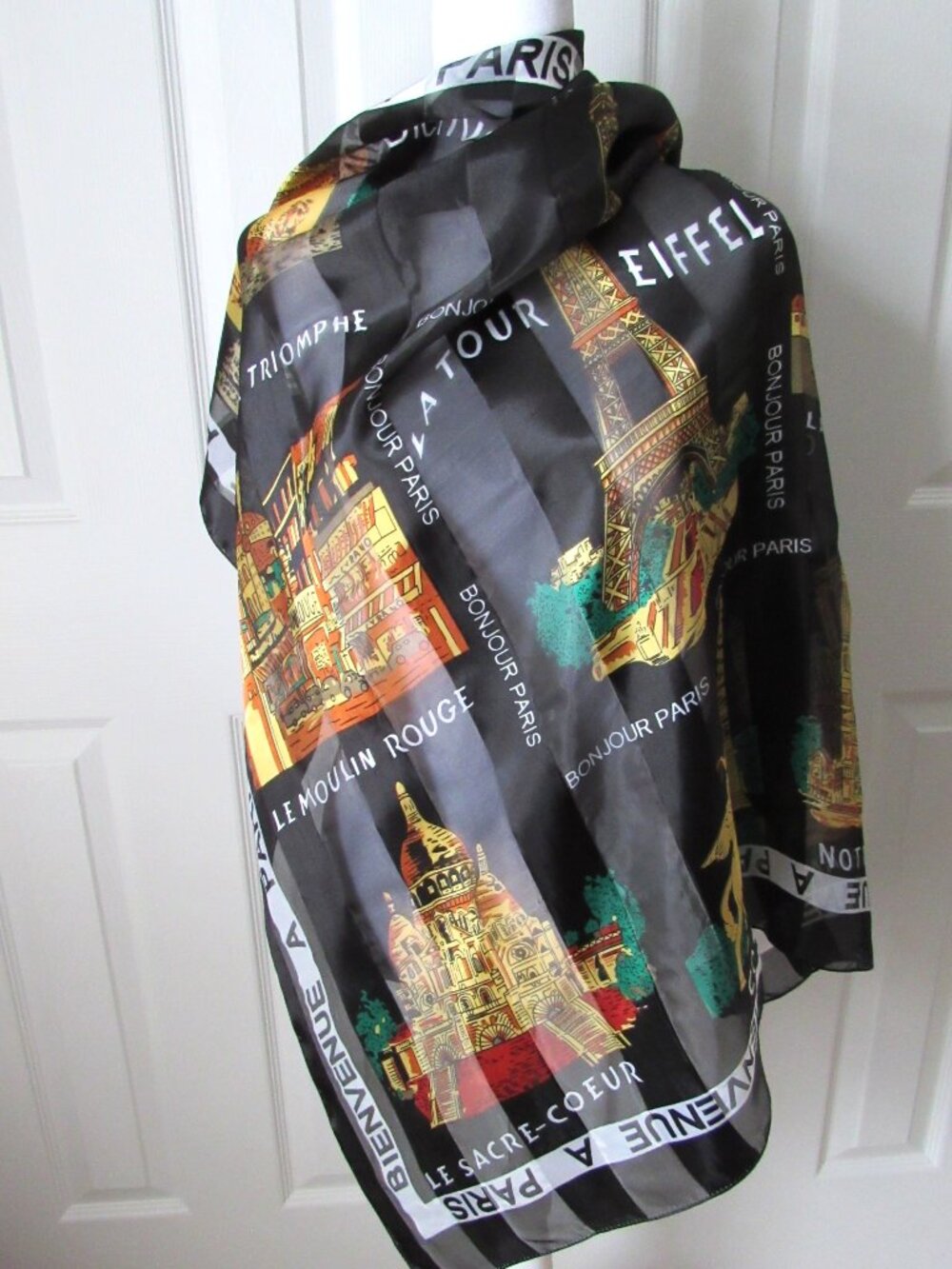 PARIS FRANCE Souvenir Scarf Black & Gold Eiffel Tower Louvre Sacre-Coeur Silky